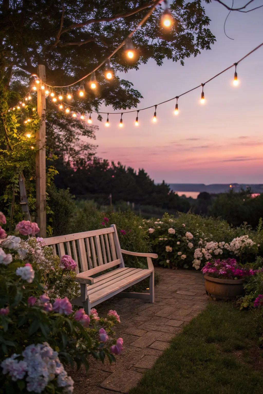 String lights create a magical ambiance around your garden bench.