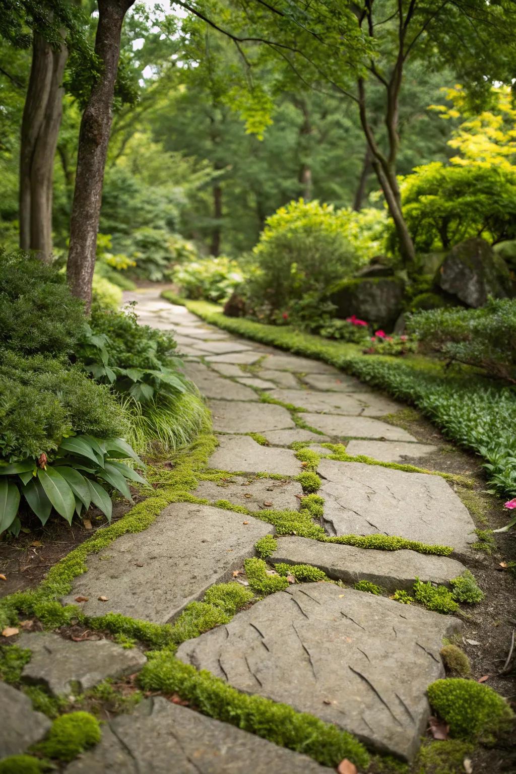 Enchanting flagstone and moss path.