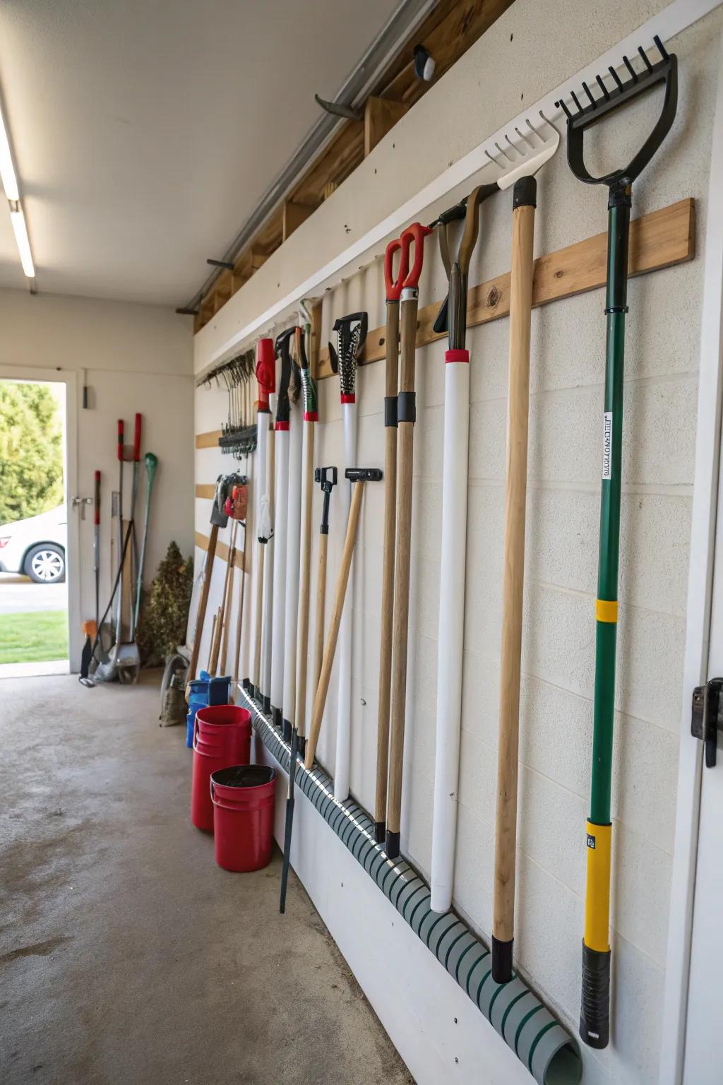 PVC pipes mounted on a wall create an efficient storage system for long-handled tools.