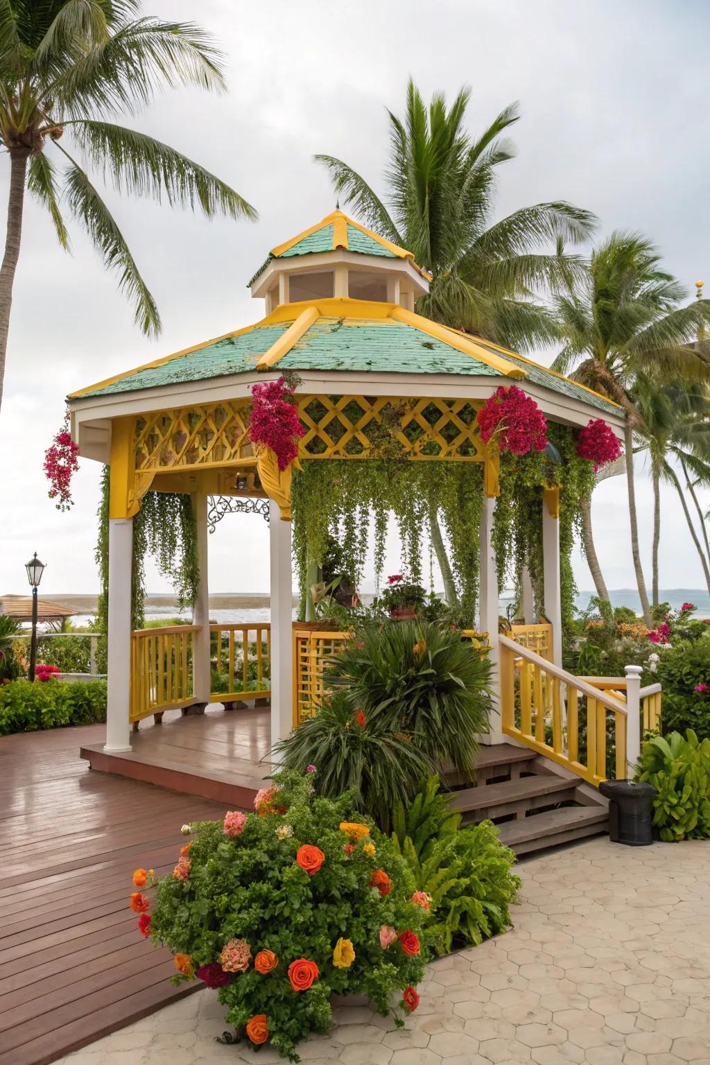 Escape to the tropics with a vibrant gazebo on your deck.