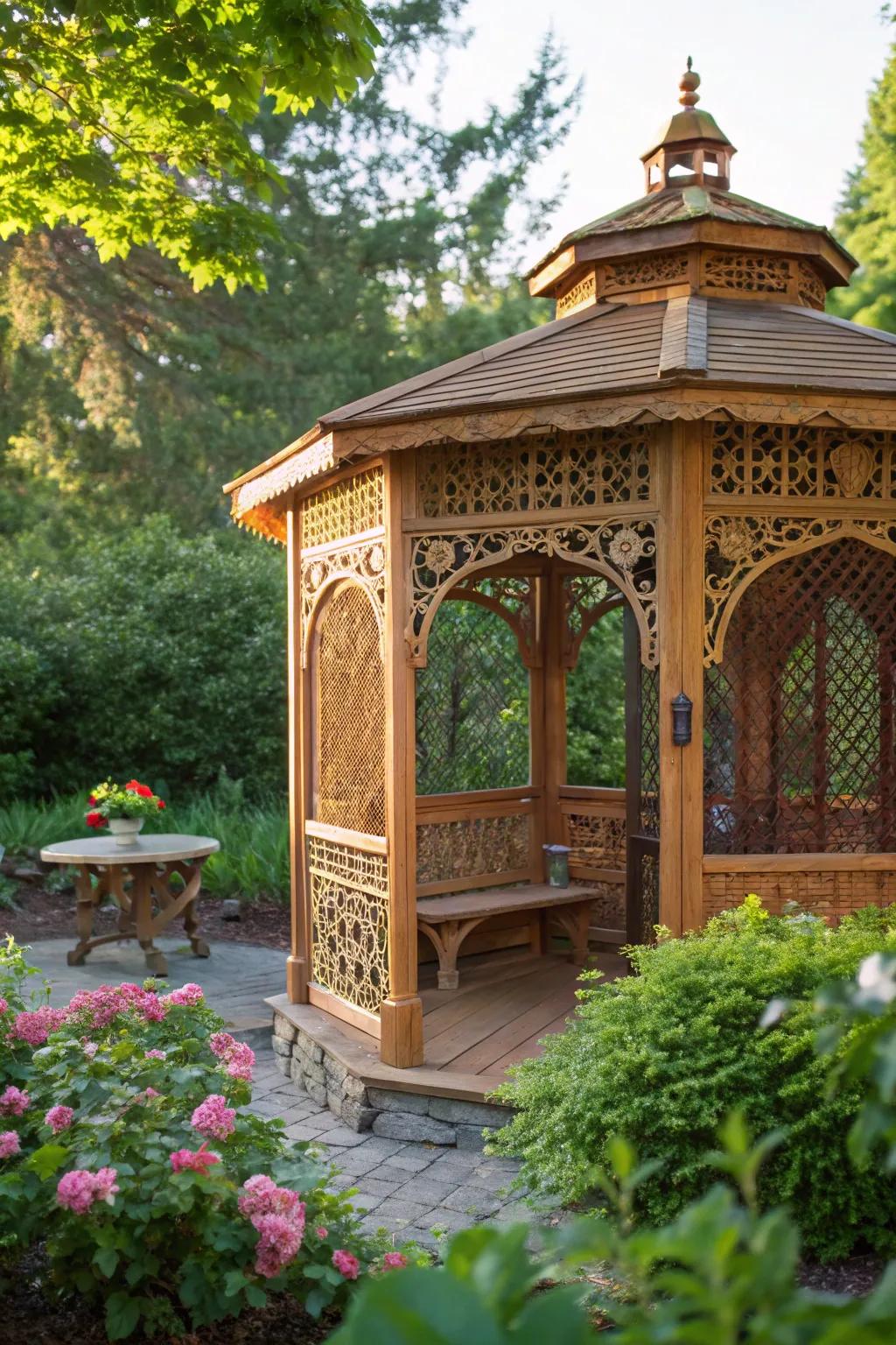 Escape to a Screened Garden Sanctuary: Where Craftsmanship Meets Nature's Serenity.