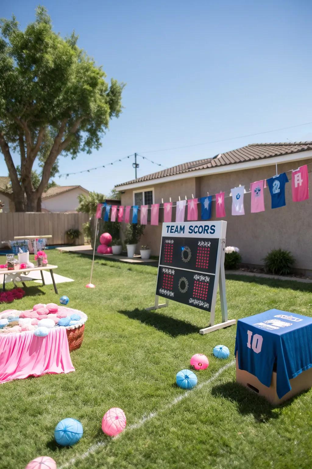 A sporty 'Game On!' gender reveal theme.