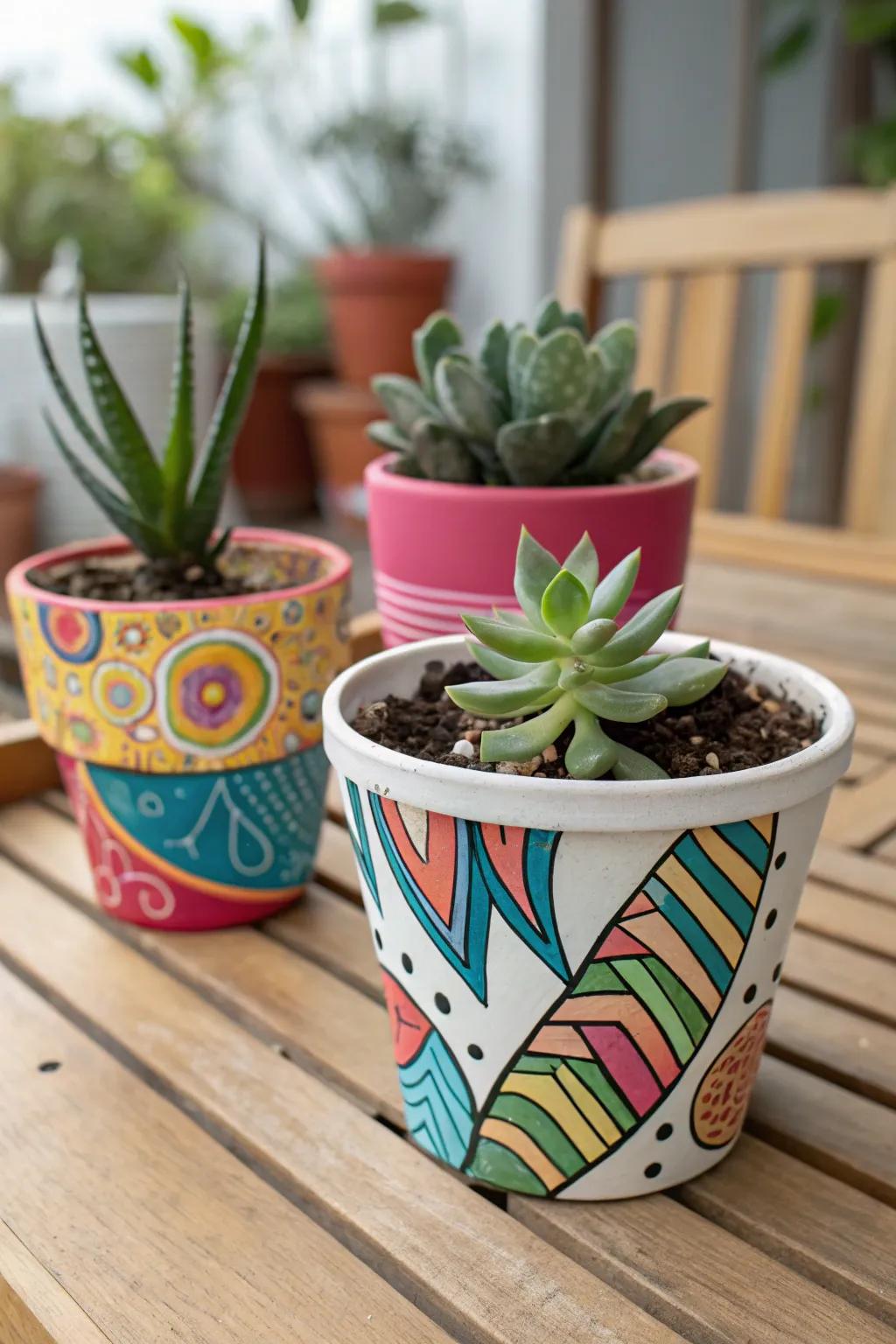 Colorful hand-painted plant pots perfect for indoor gardens.