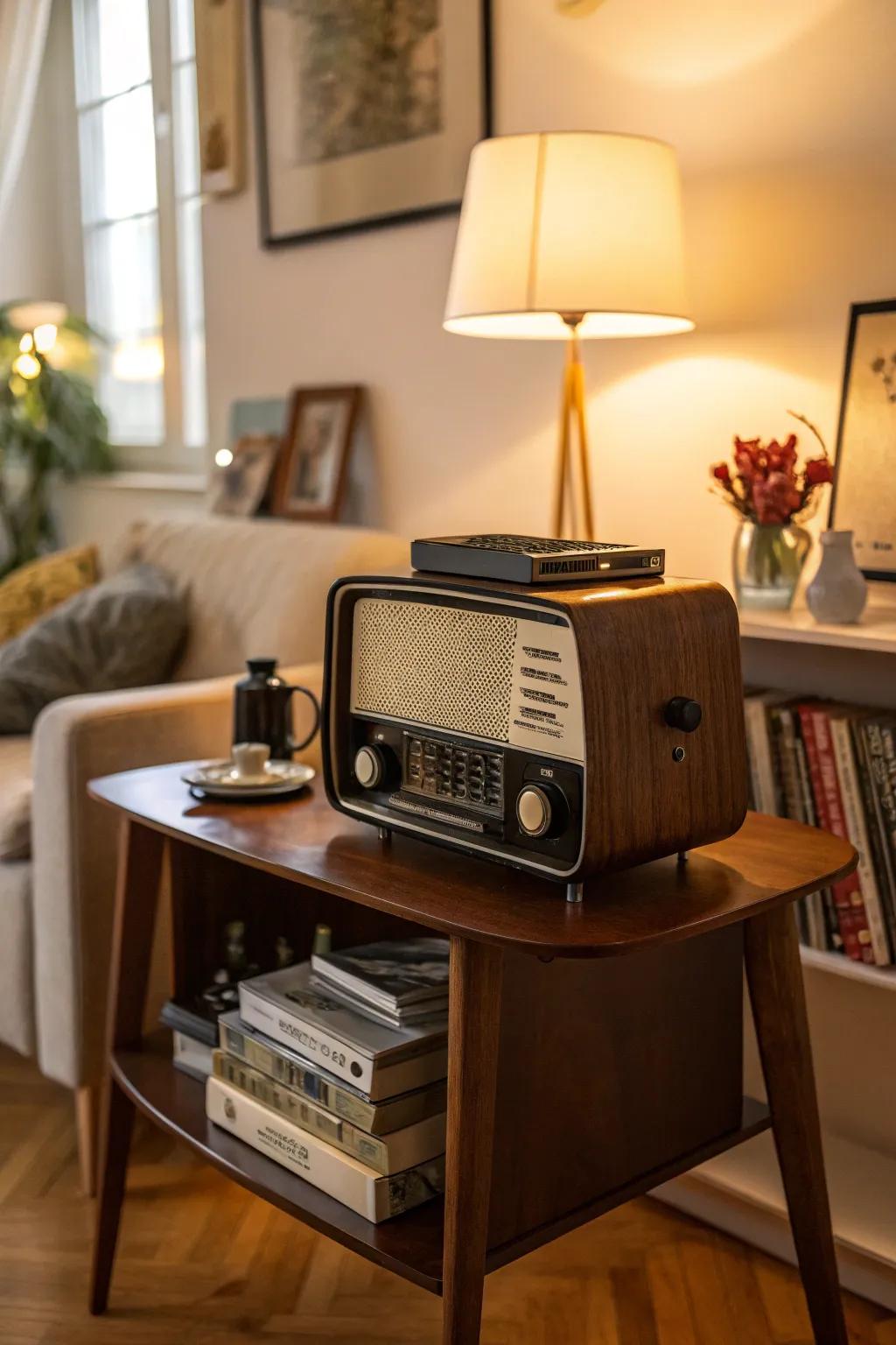 A vintage radio adds charm and nostalgia to her space.