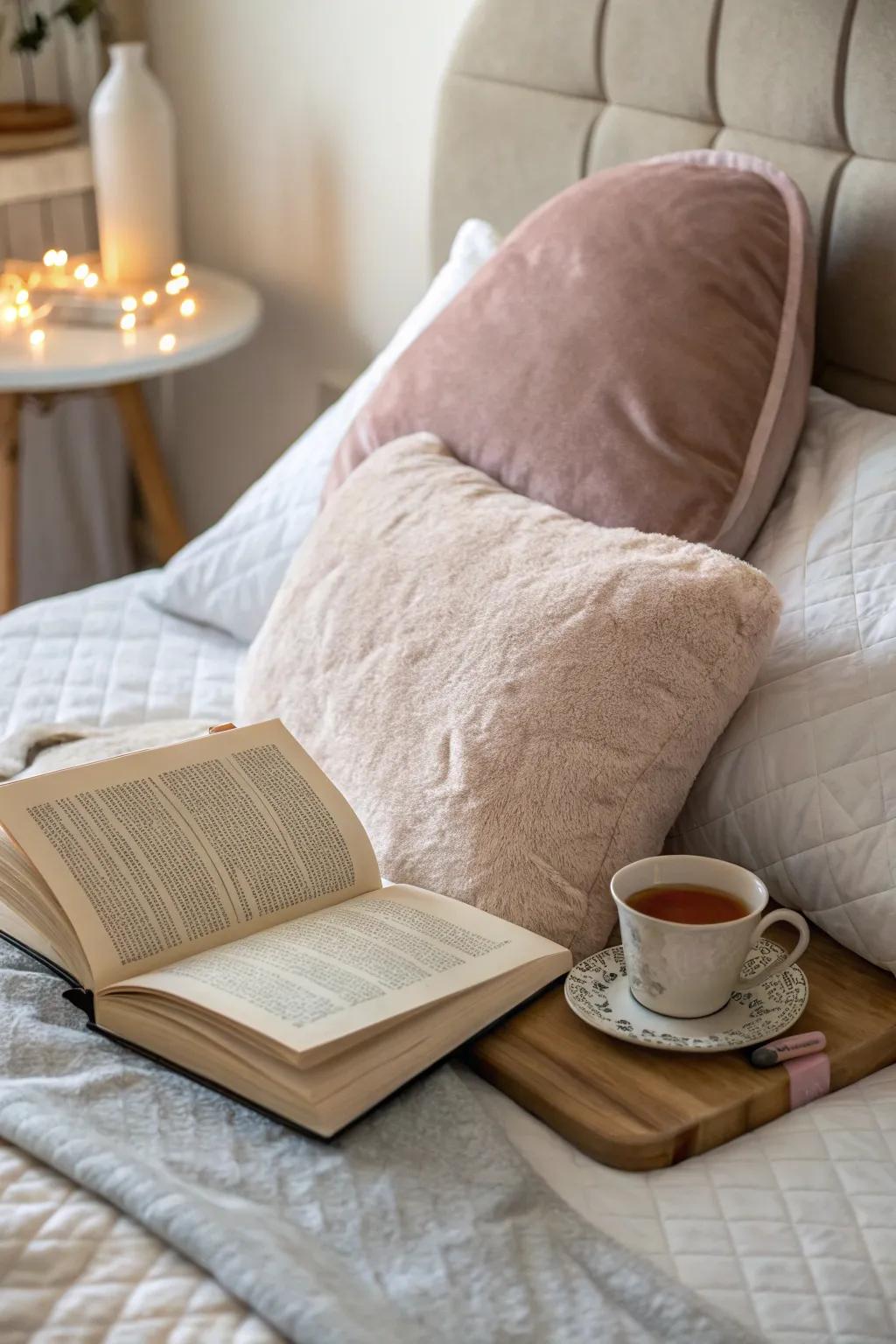 A plush reading pillow is perfect for comfortable reading marathons.