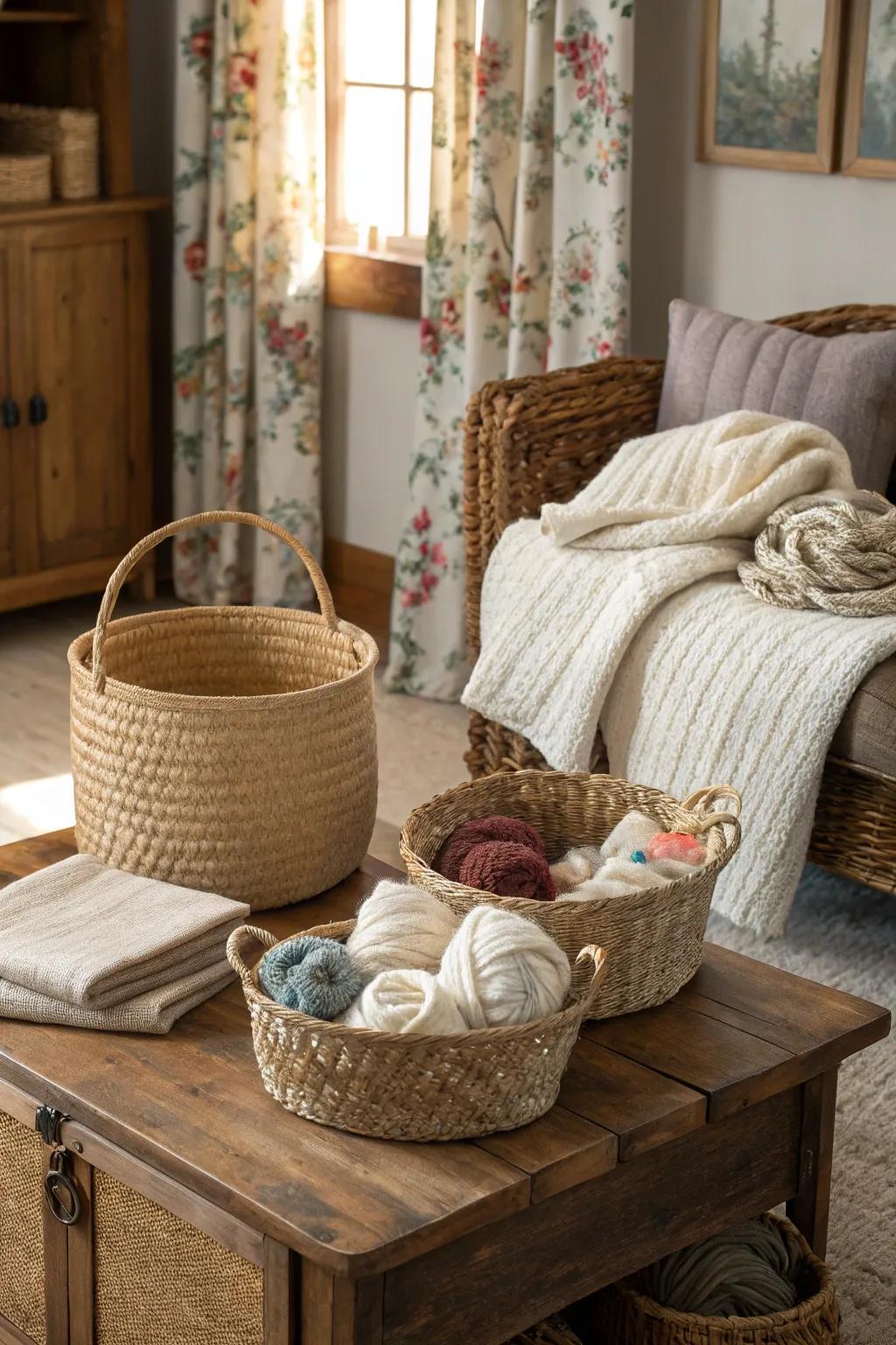 Handwoven baskets provide stylish storage solutions.