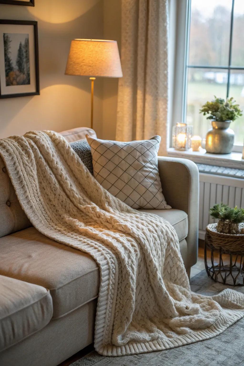 A knitted blanket offers warmth and comfort for relaxing evenings.