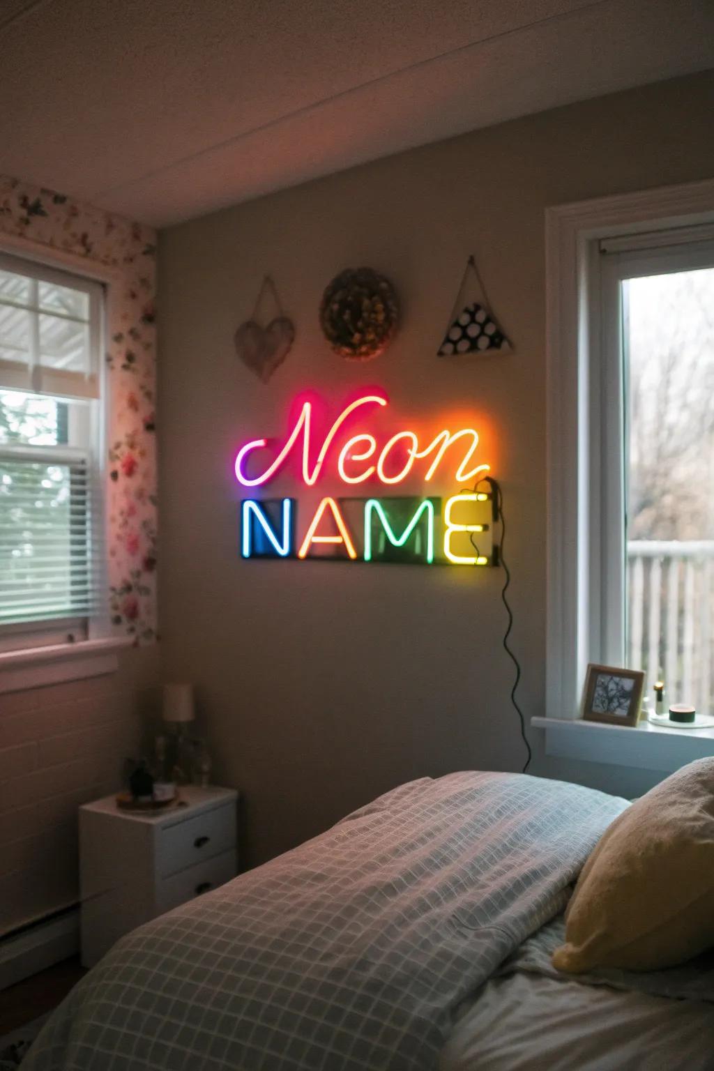 A customized name sign adds a personal touch to her space.