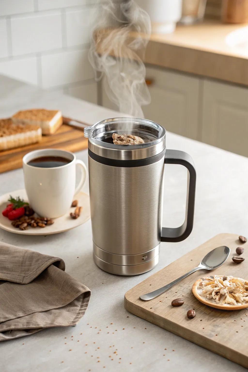 An insulated mug is perfect for keeping drinks warm.