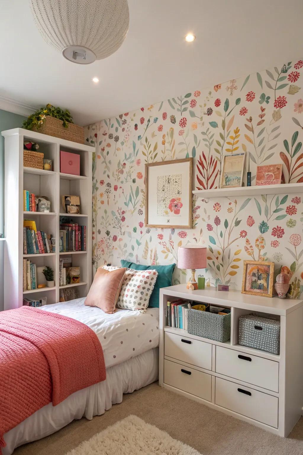 A girl's bedroom showcasing a bold accent wall with colorful wallpaper.