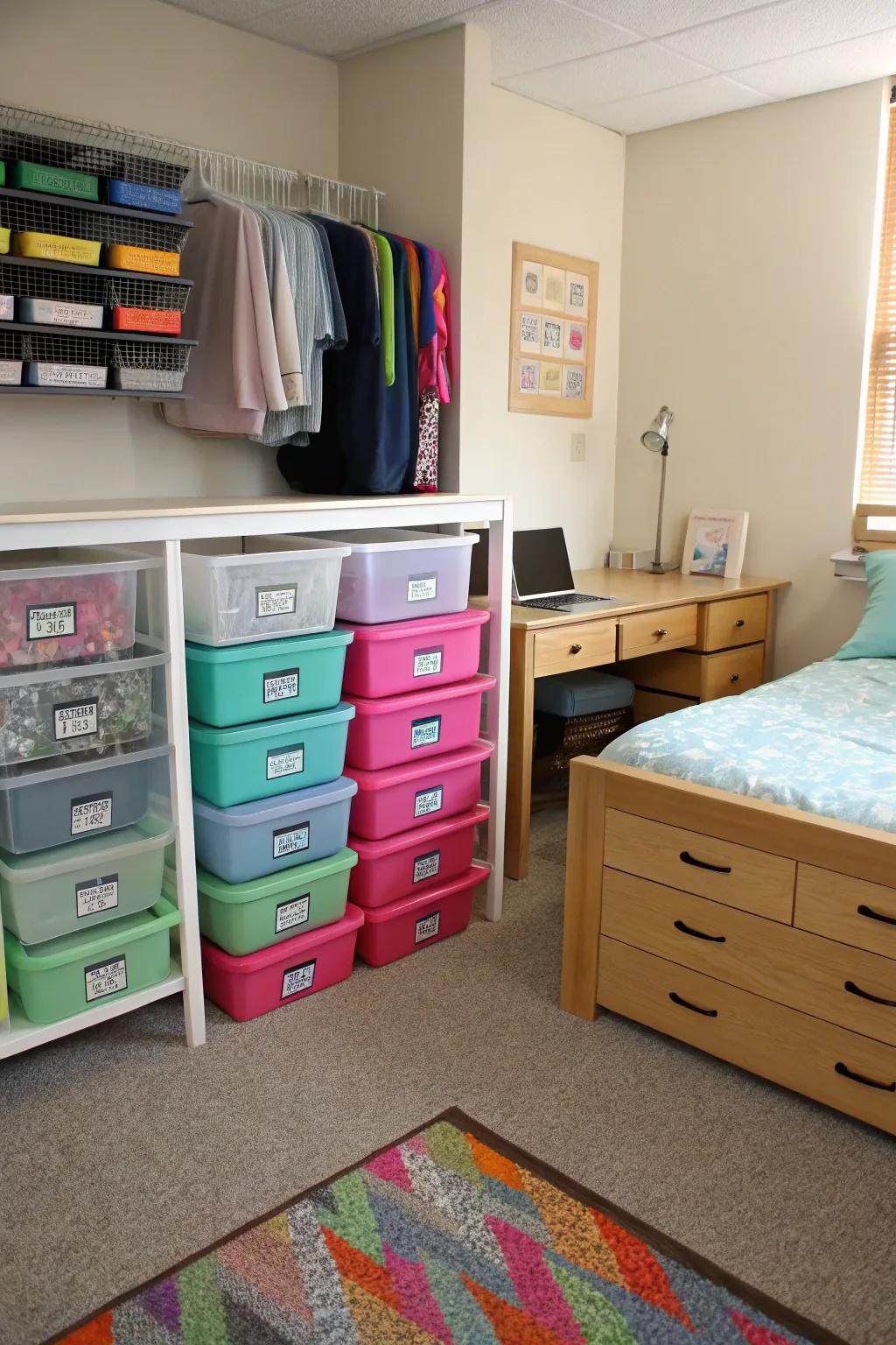 Under-bed storage helps keep your dorm organized and clutter-free.