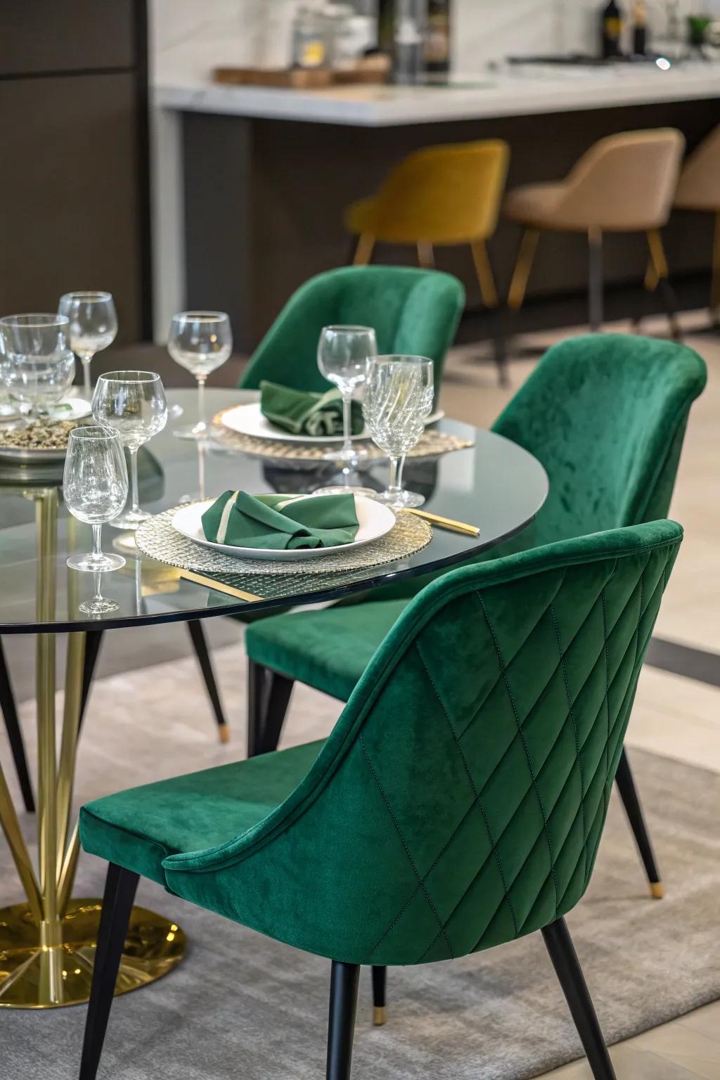 Deep emerald chairs giving a bold look to a glass dining table.