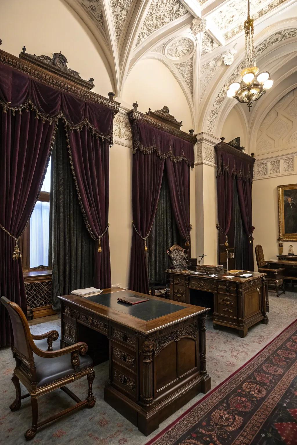 Velvet fabrics add luxury and warmth to a Gothic-themed office.