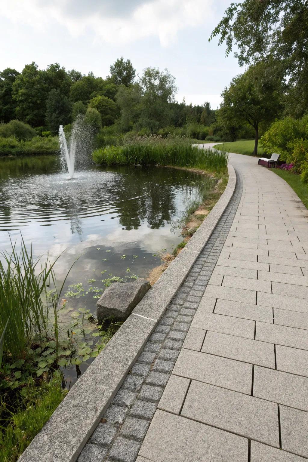 Granite walkway beside a tranquil pond.