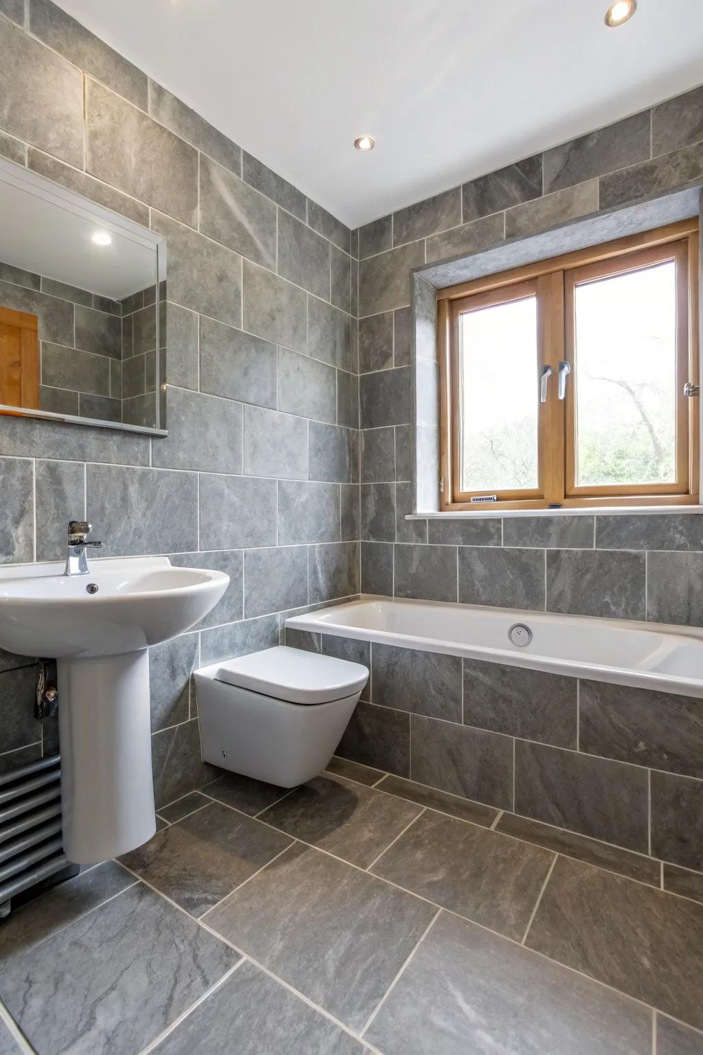 Gray stone tiles add an earthy feel to the bathroom.