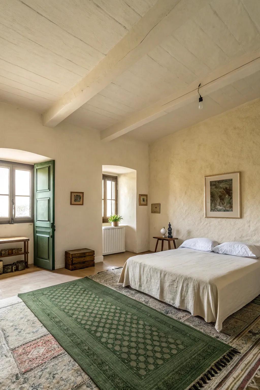 A green rug adds a vibrant touch to a room with cream walls.