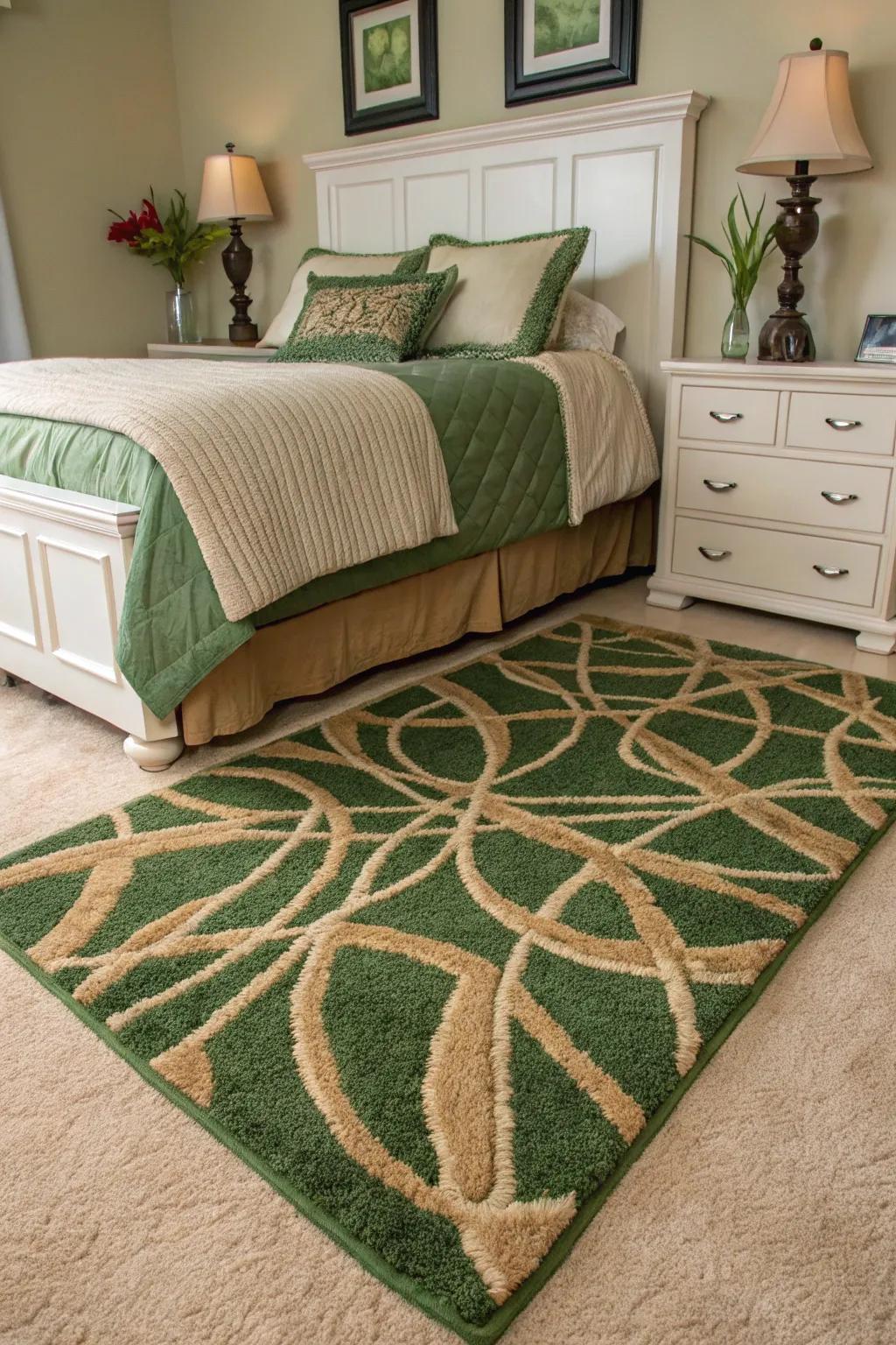 A textured rug in green and tan ties the room together, adding warmth and comfort.