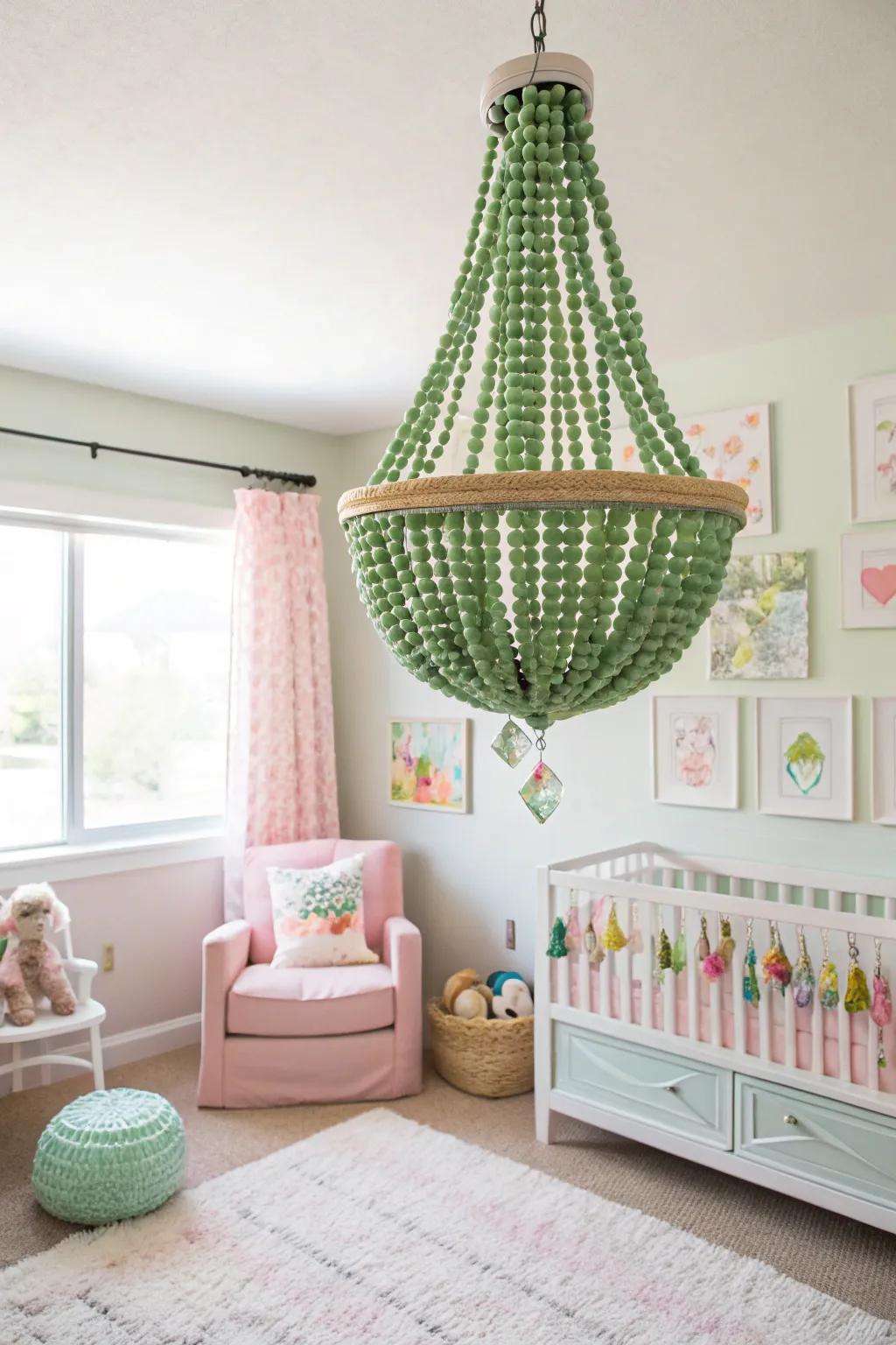 A playful green chandelier adding elegance and charm to a nursery.