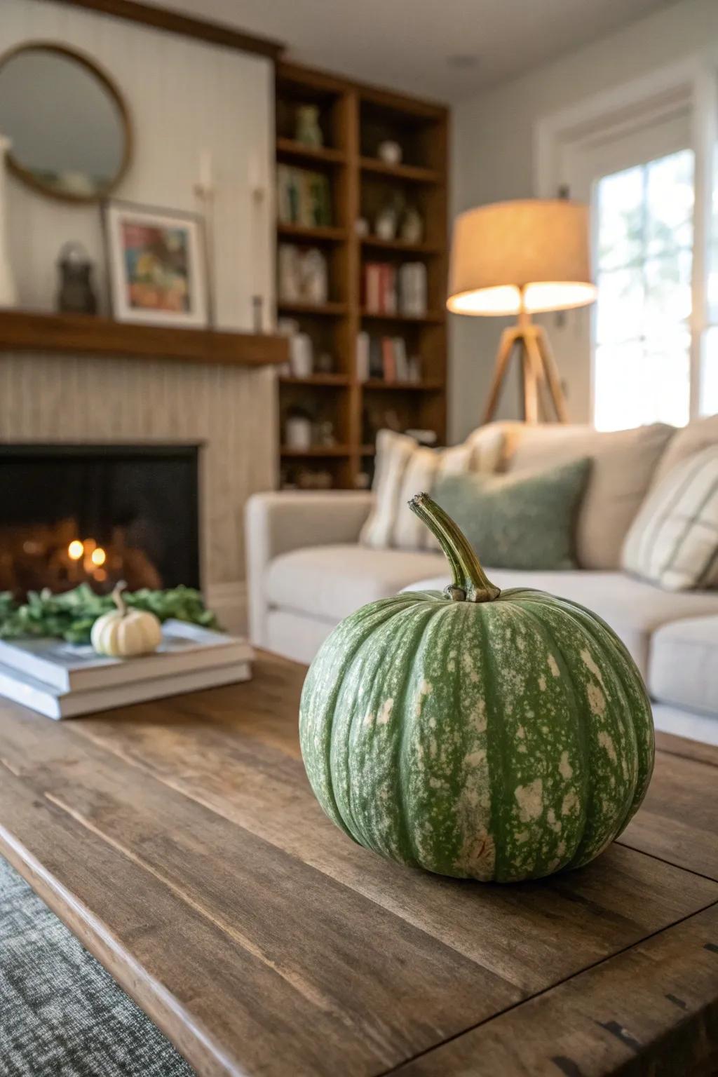 Textured monochrome green pumpkin enhancing the coffee table decor.