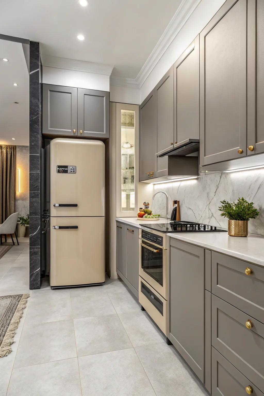 Beige appliances against grey cabinetry offer a retro-contemporary mix.