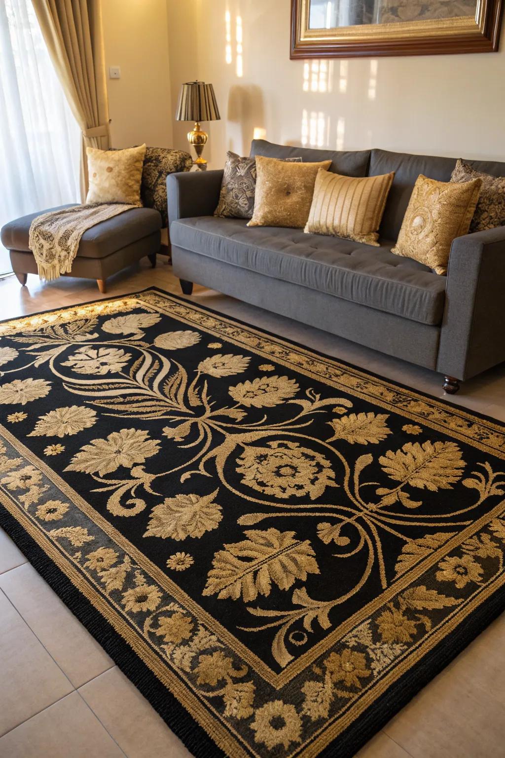 A patterned rug adding style to a living room.