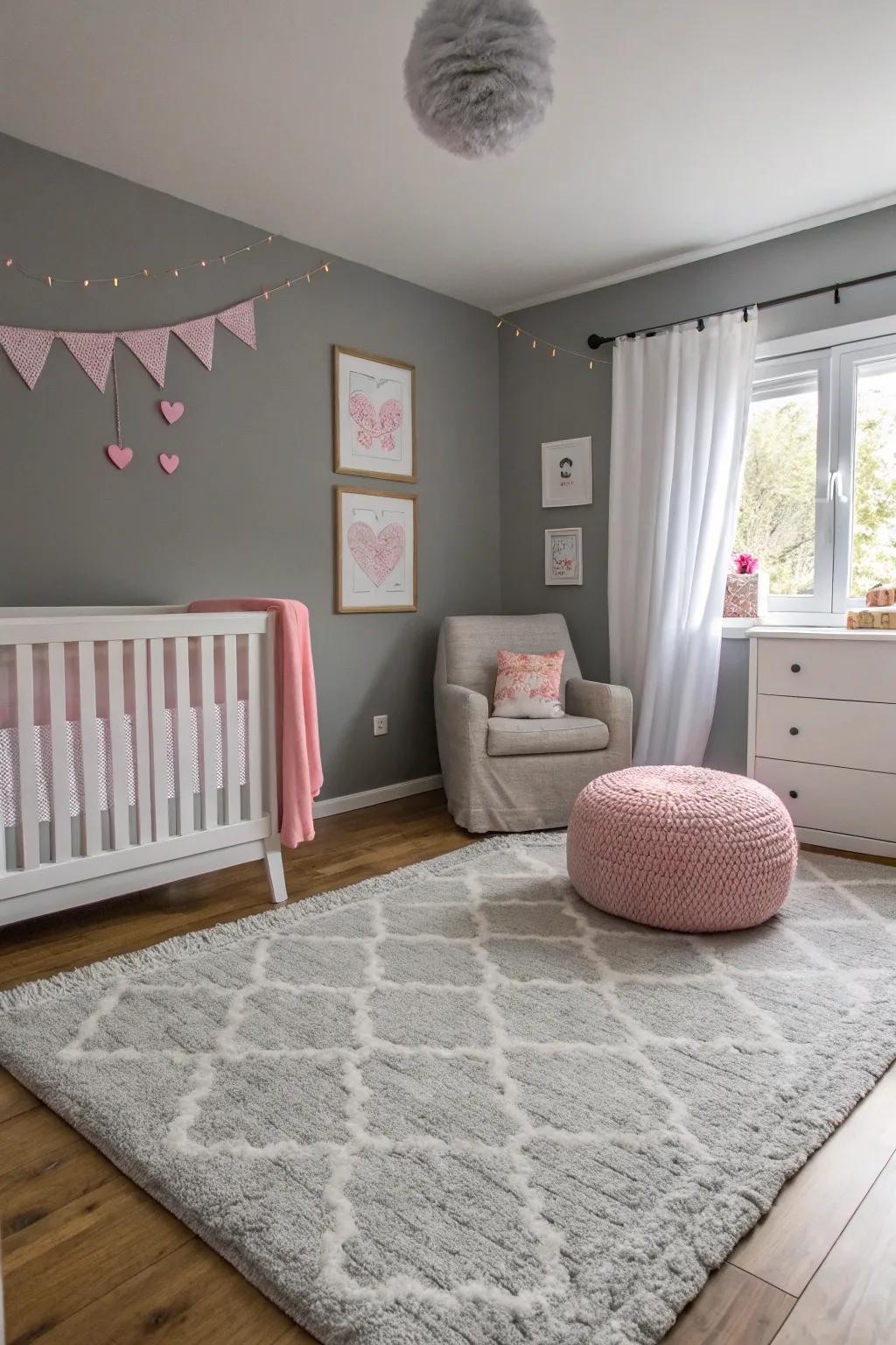 A grey nursery with charming pink accents.