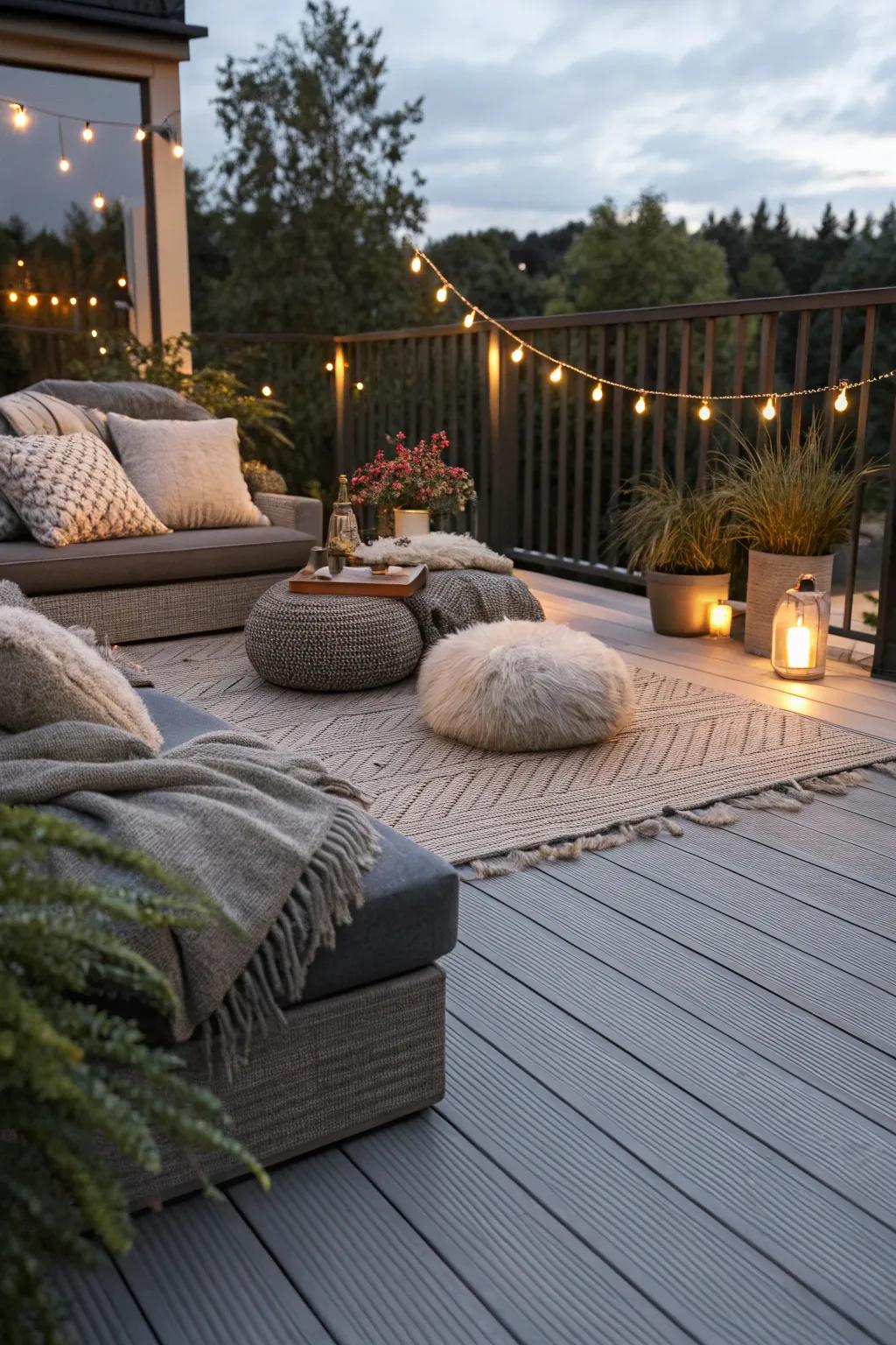 A textured grey deck adds depth and warmth to the outdoor space.