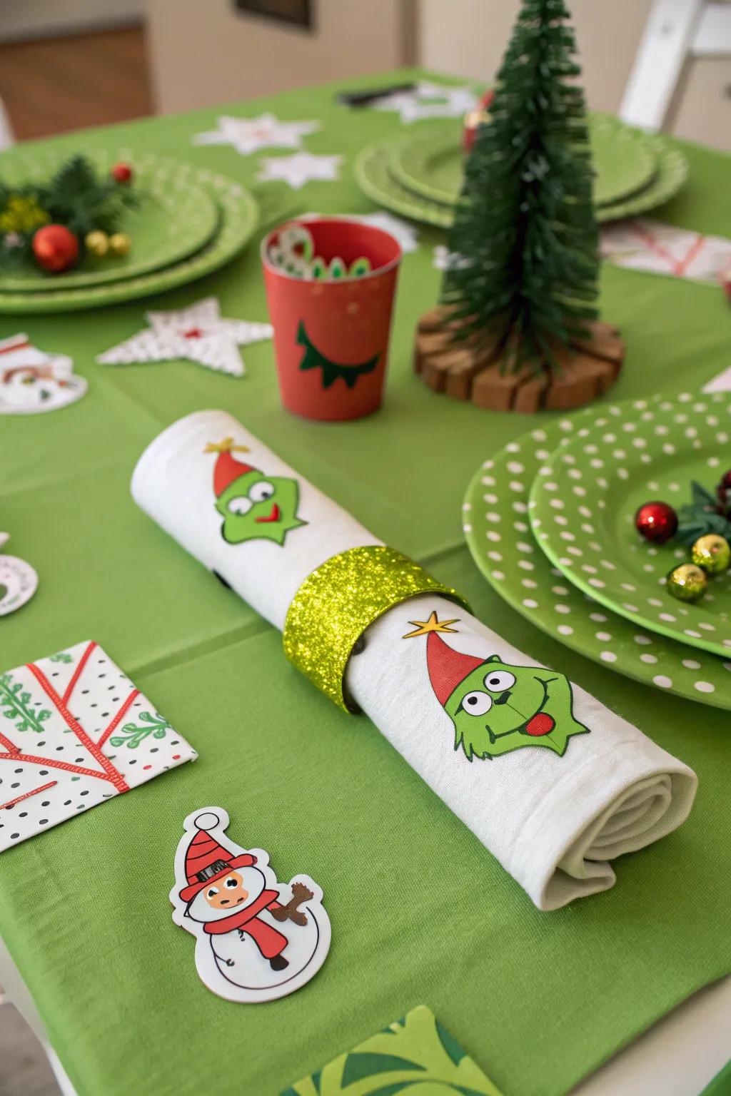 DIY Grinch-themed napkin rings adding a personal touch to the table.