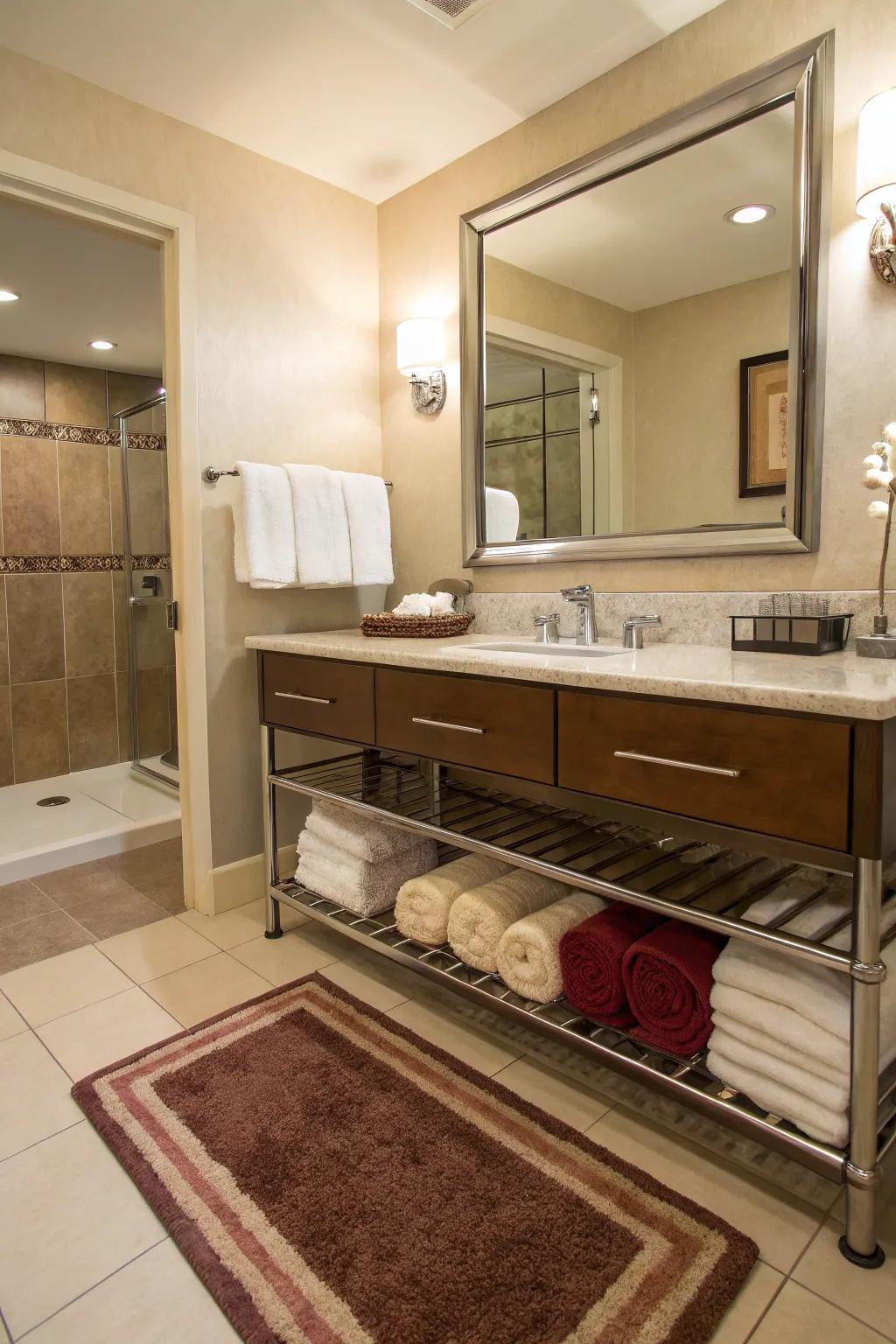 Soft textiles create a cozy and welcoming guest bathroom.