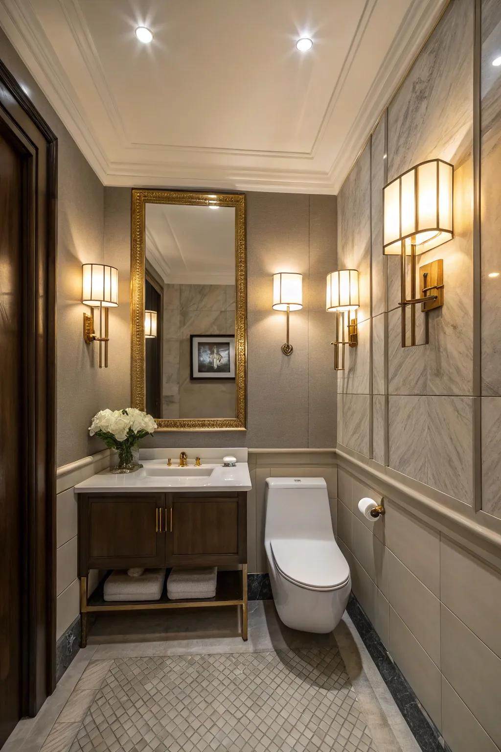 Layered lighting enhances the ambiance of the guest toilet.