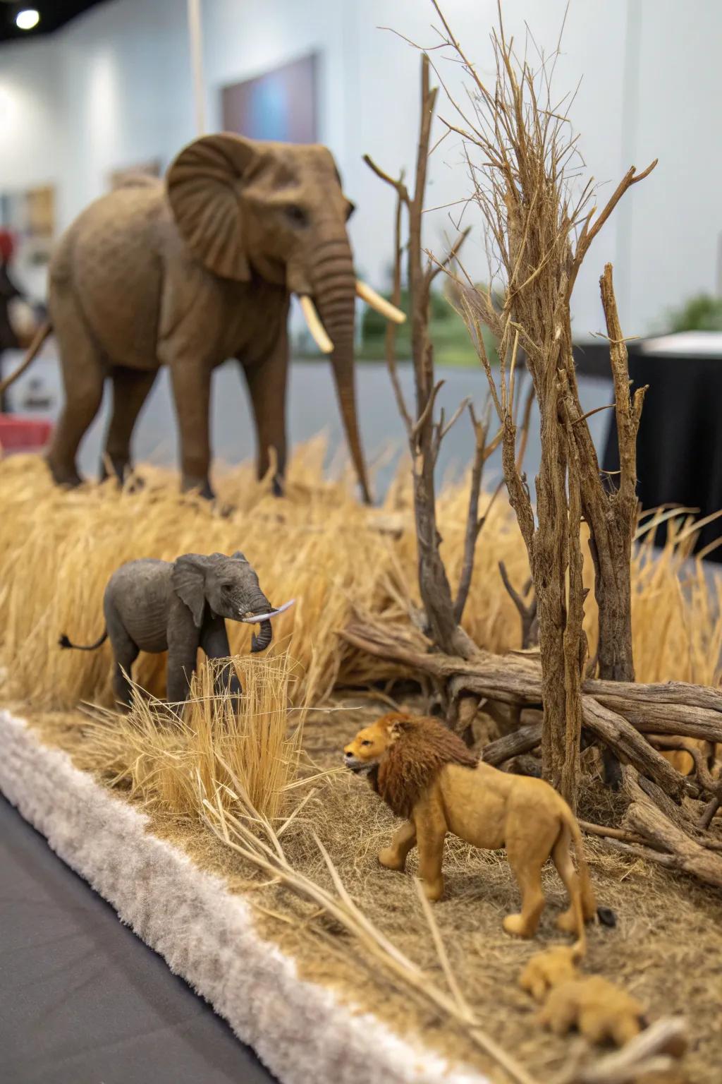 A breathtaking savannah habitat diorama with iconic African wildlife.