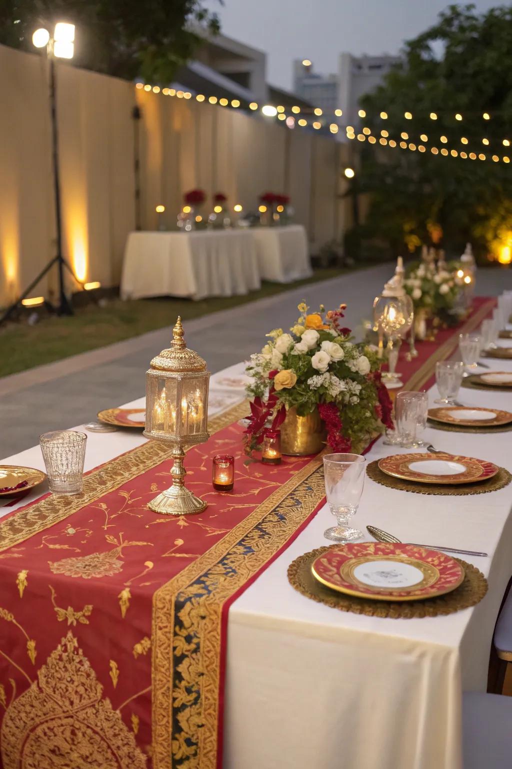 Charming table settings with silk runners and traditional decorative elements.