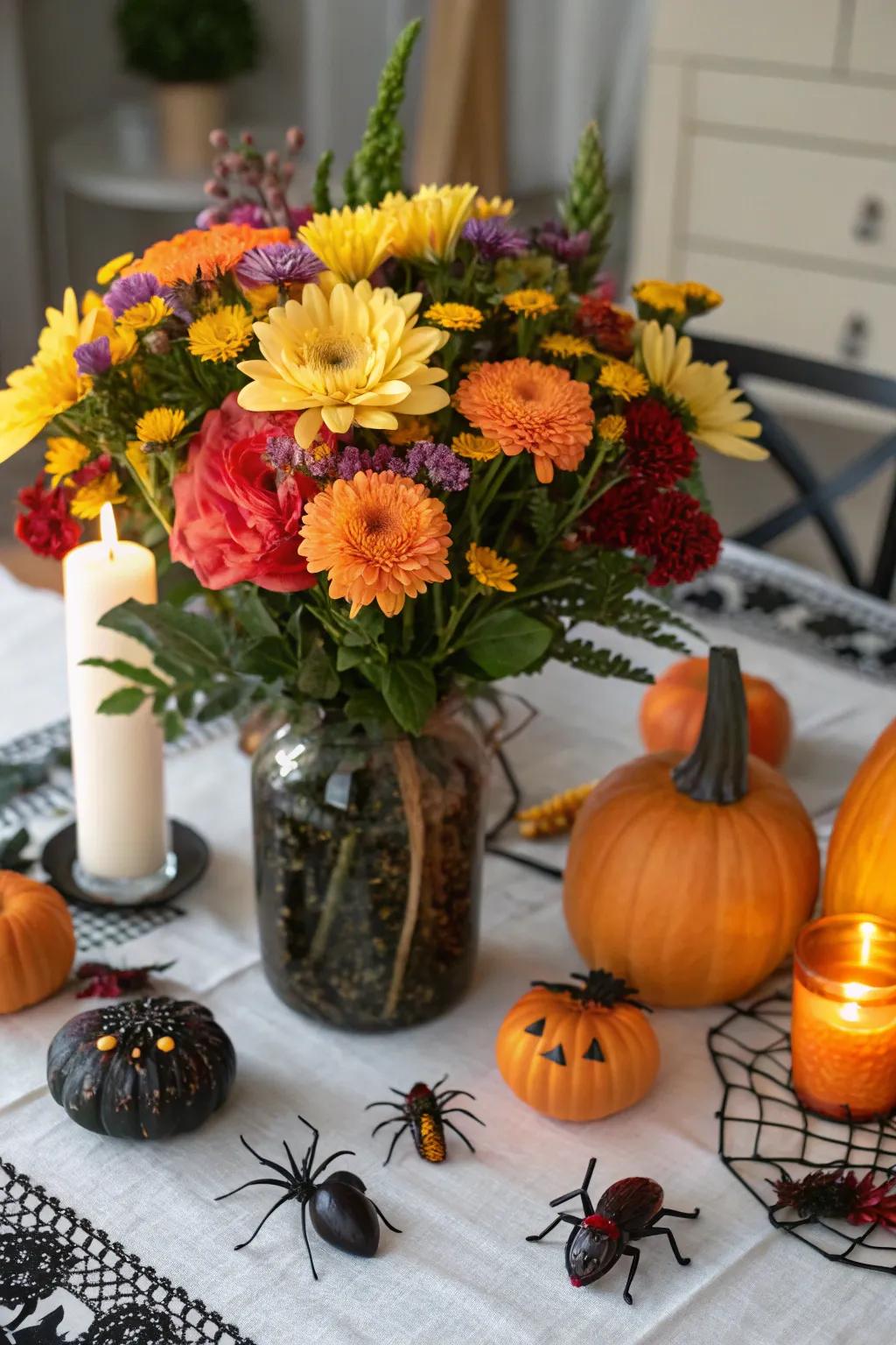 A creepy floral bouquet with faux insects for Halloween.