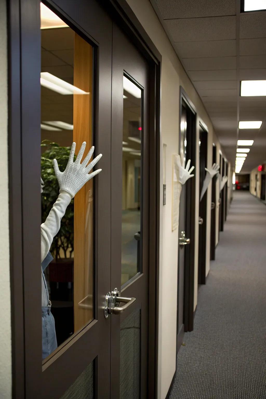 Create the illusion of zombie hands reaching out from your office door.