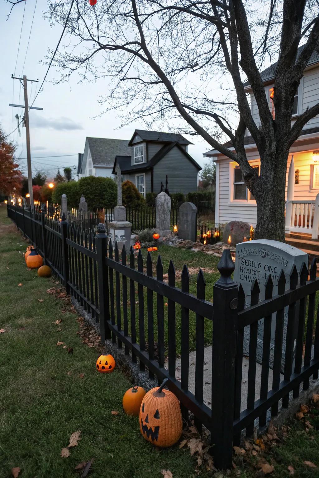 A black picket fence helps frame your spooky graveyard.