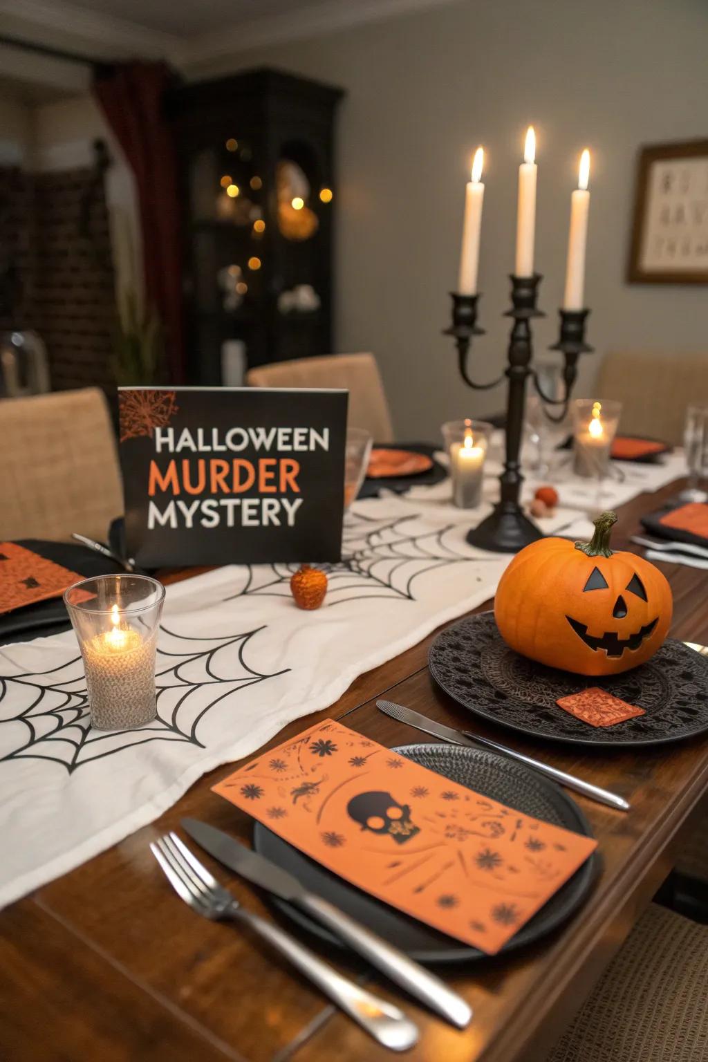 A thrilling murder mystery dinner setup for Halloween.