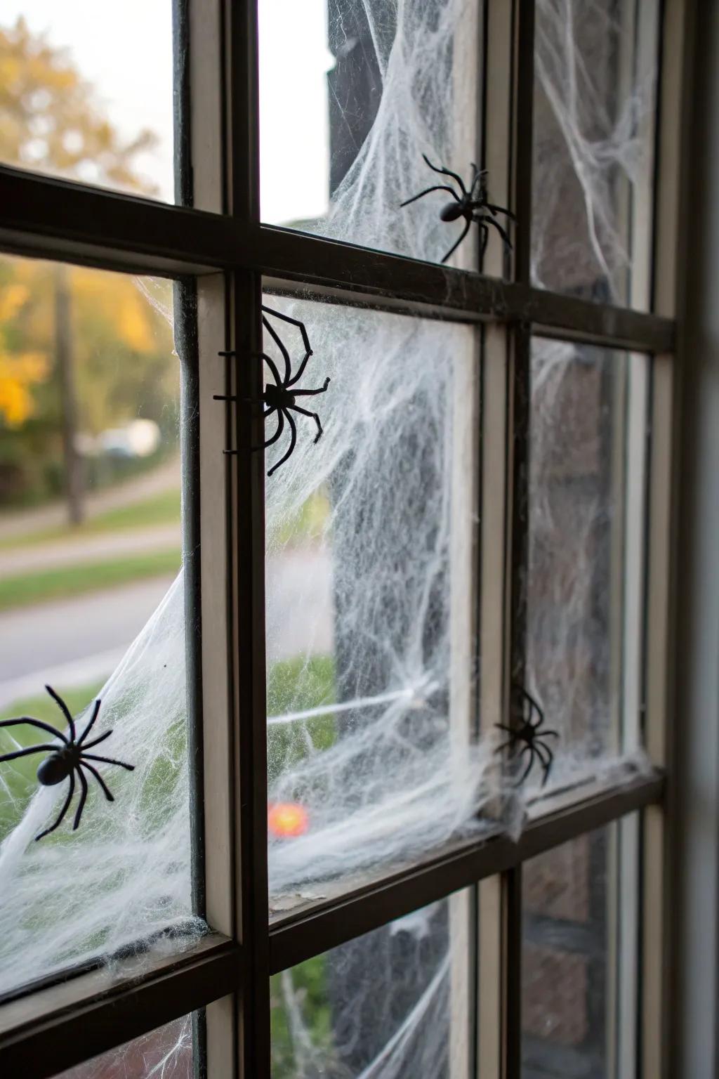 Spider webs transform your window into a haunted spectacle.