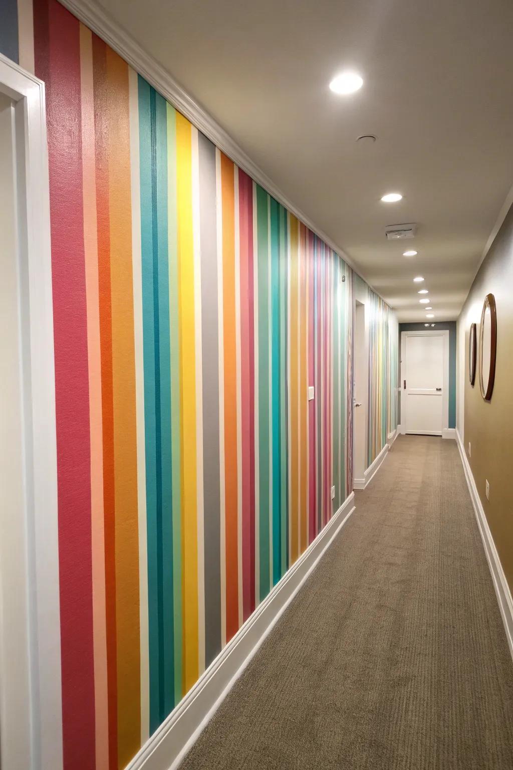 Vertical stripes create the illusion of height in this narrow hallway.