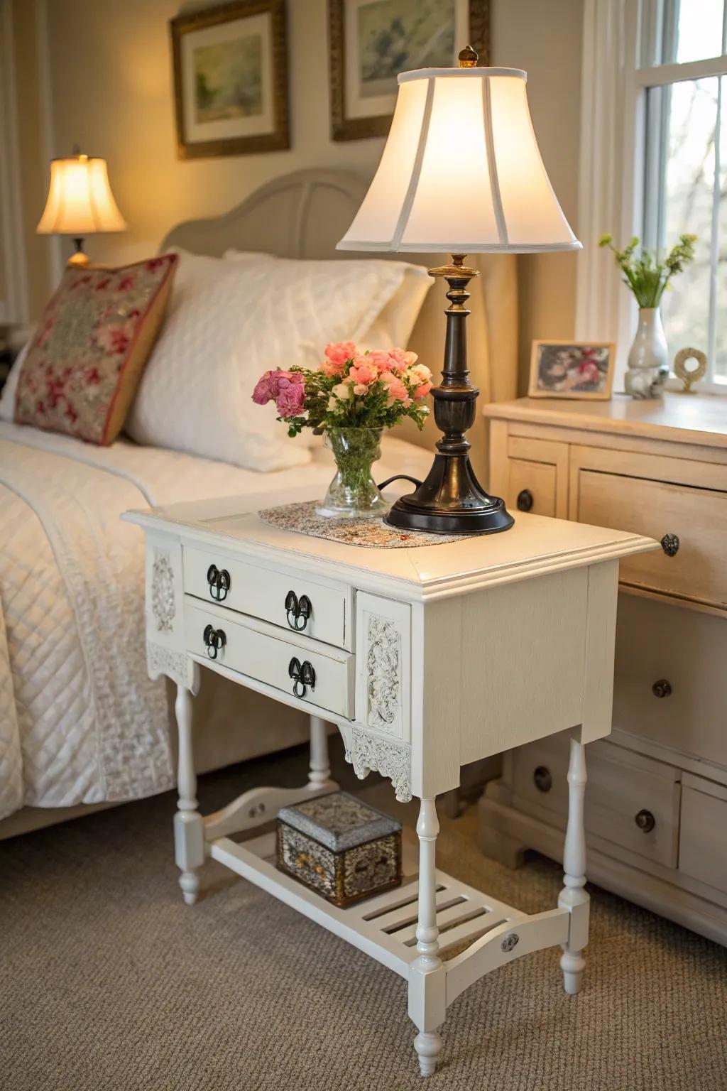 A sewing table turned nightstand with a fresh coat of paint.