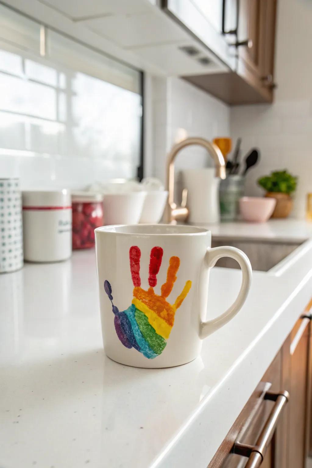 Infuse your mug with color using a vibrant rainbow handprint.