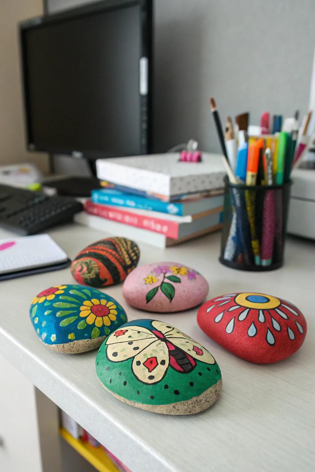 Colorful painted rocks serving as cheerful paperweights on a desk.