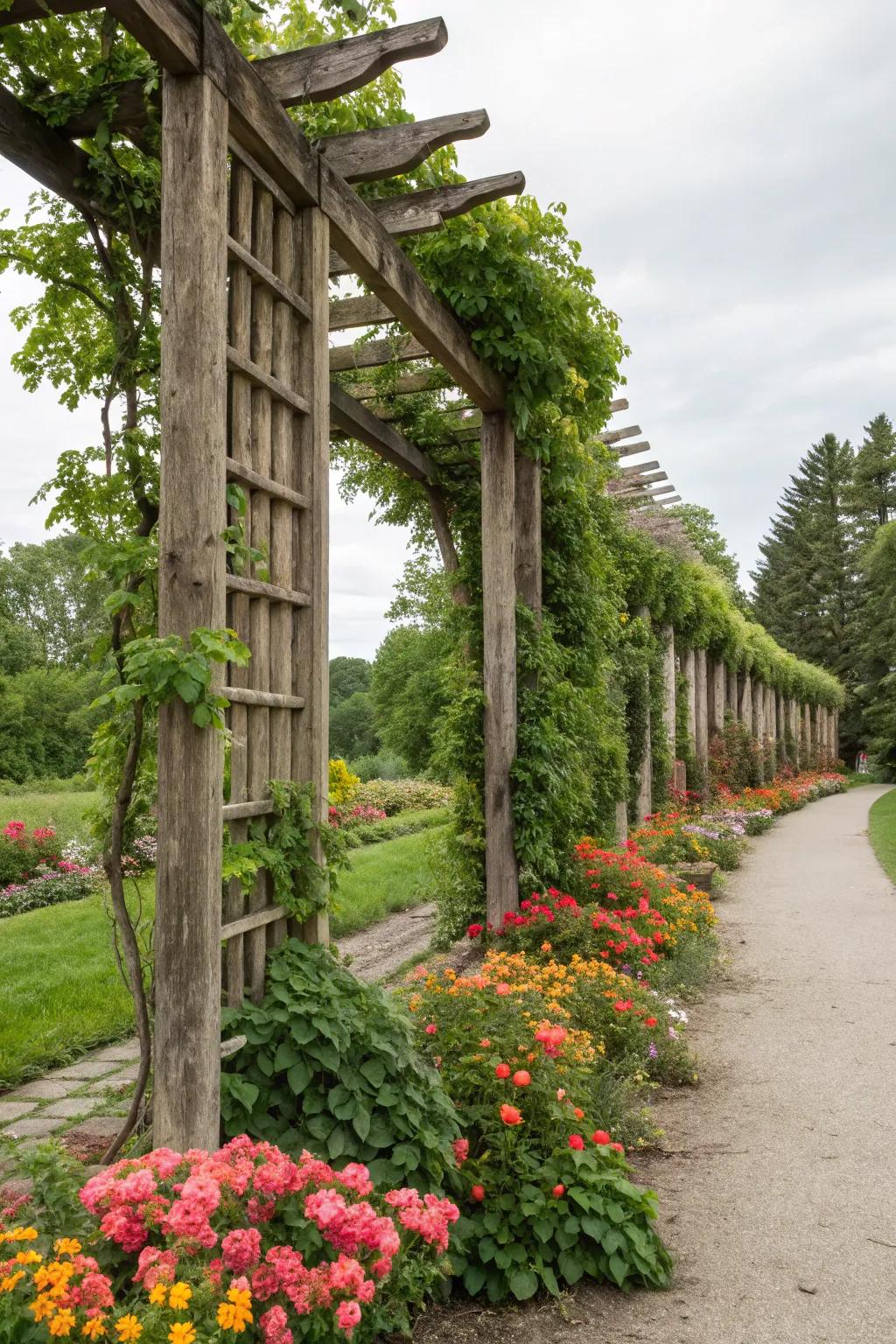 Wooden trellises offer support and vertical charm.