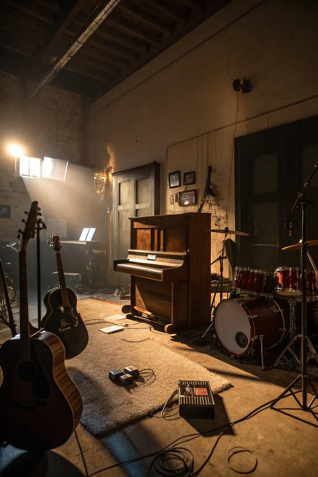 A phantom music room with instruments playing ghostly tunes.