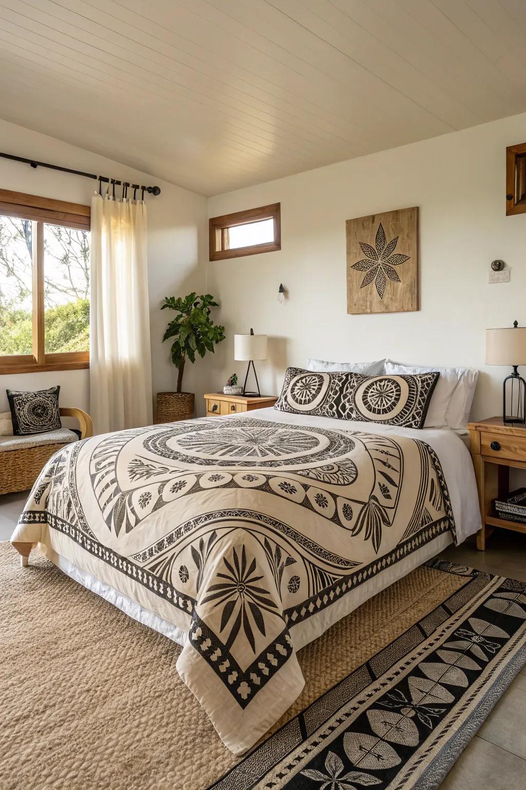 Polynesian tribal motifs make a bold artistic statement in your bedroom.