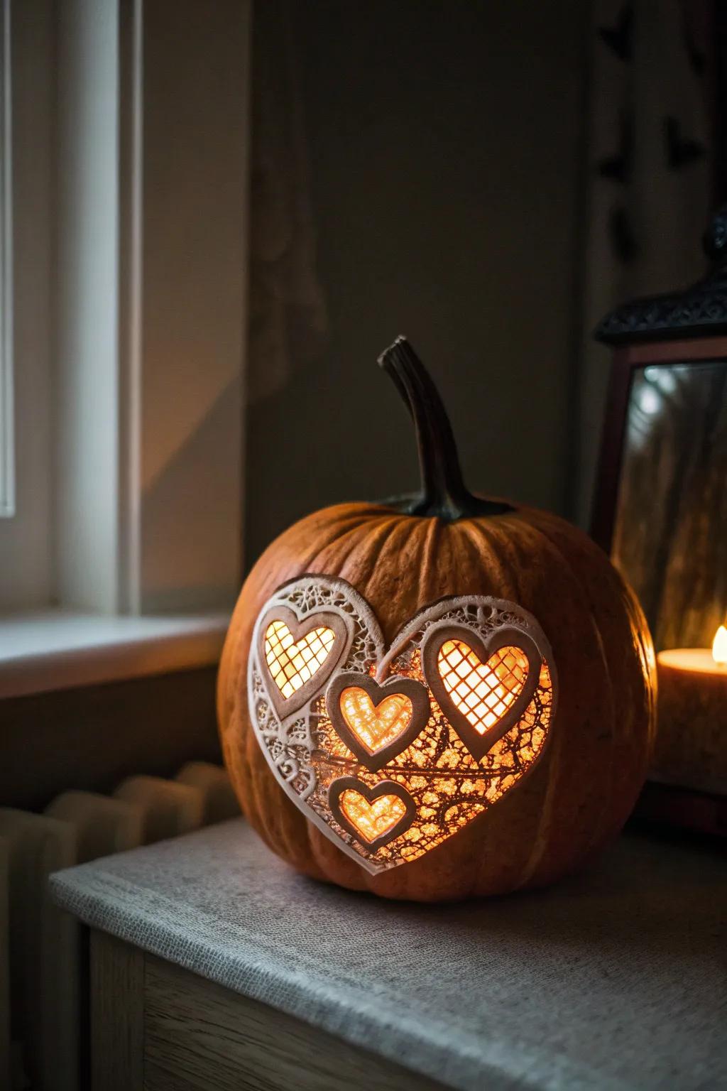 Lace Heart Eyes Pumpkin in a Softly Lit Room