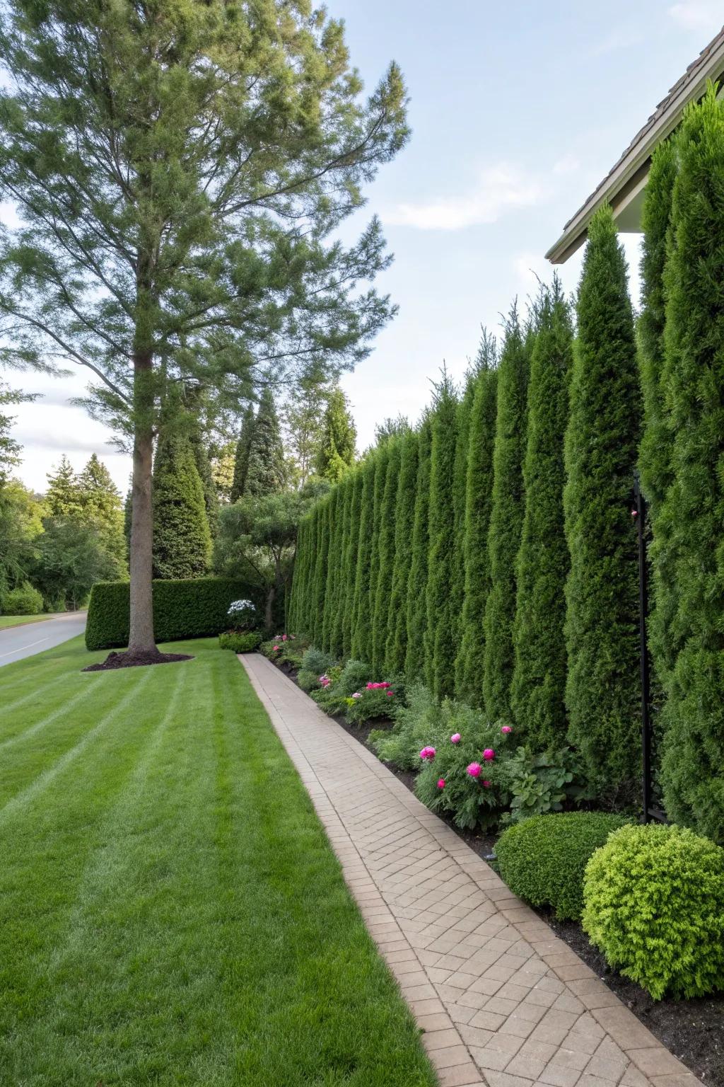 Tall Leyland cypress hedges forming a dense privacy barrier.