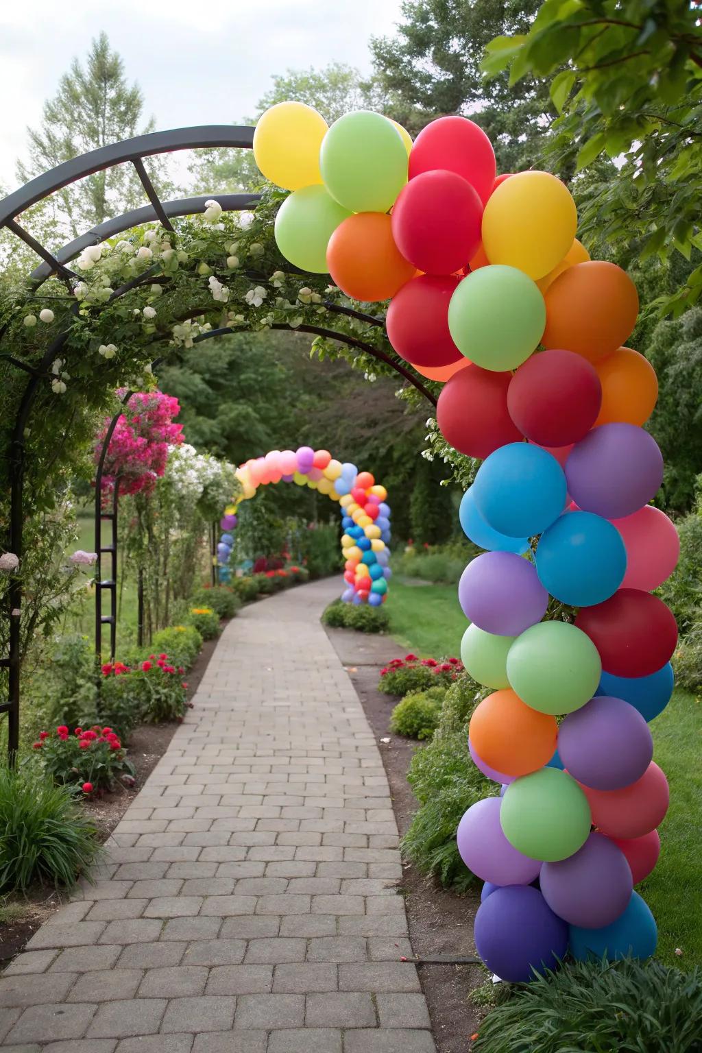 A whimsical helium balloon garden path.