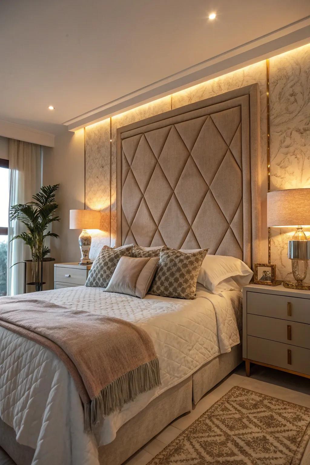 A bedroom with a stylish headboard featuring hidden lighting.