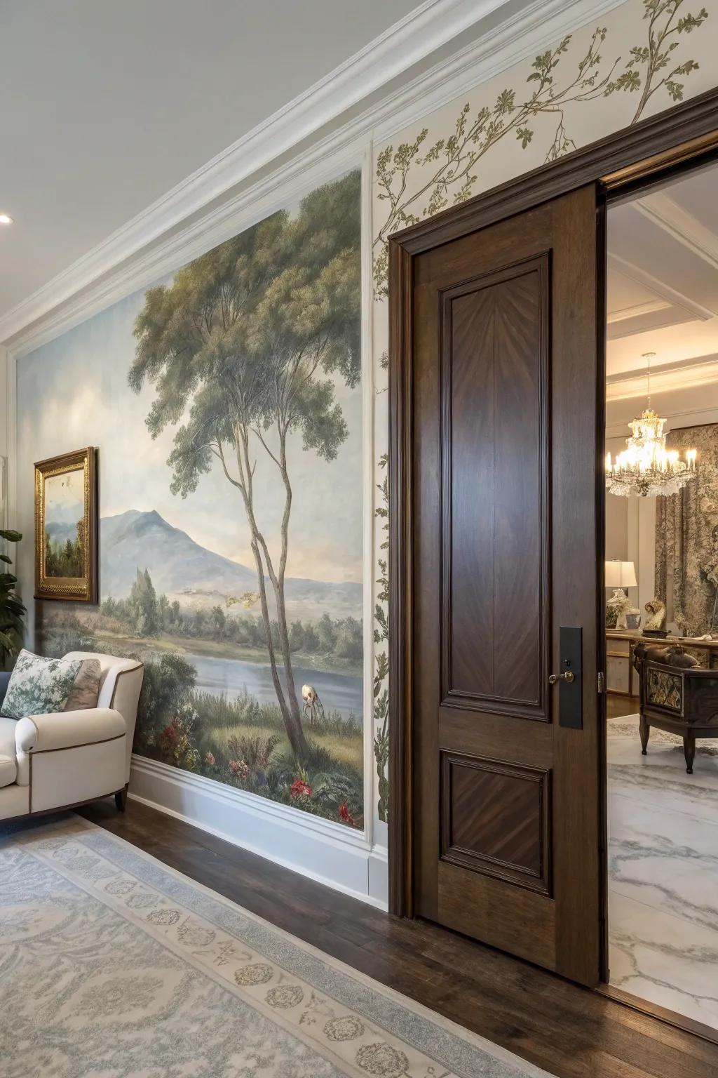 A hidden pocket door becomes a canvas for art in this living room.