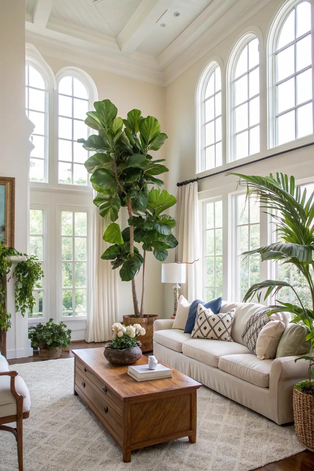 Tall houseplants add life and greenery to high-ceilinged living spaces.